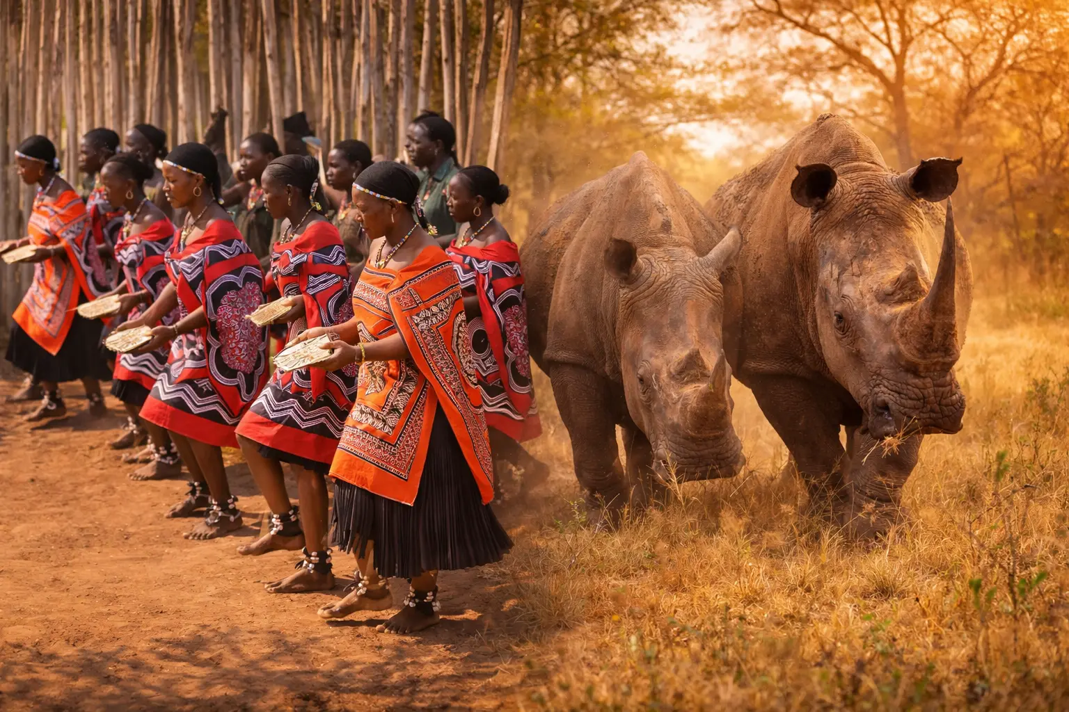 Mujeres swazi bailando una danza tradicional junto a rinocerontes durante un safari en Eswatini