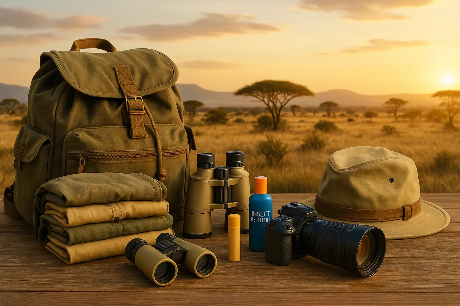 “Equipo esencial para un safari en el sur de África en 2026: ropa en tonos tierra, cámara fotográfica y mochila preparada para Kruger, Eswatini y Mozambique.”