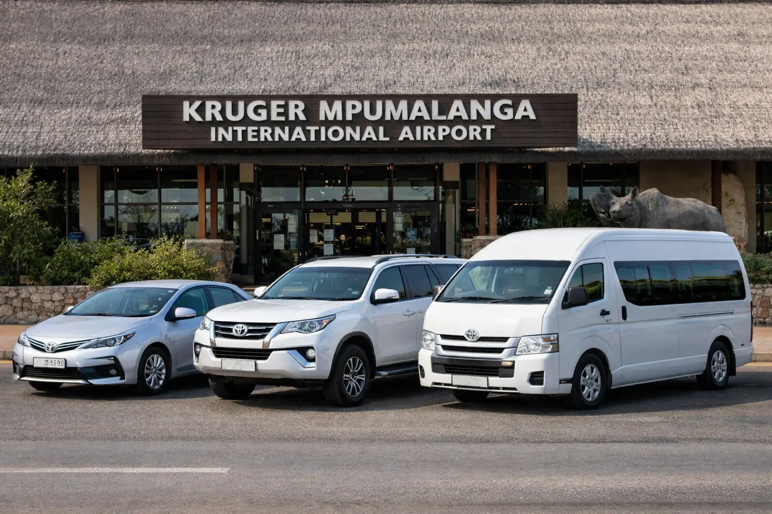 Vehículos de transporte turístico en el Aeropuerto Internacional Kruger Mpumalanga (sedán, SUV y minibus)