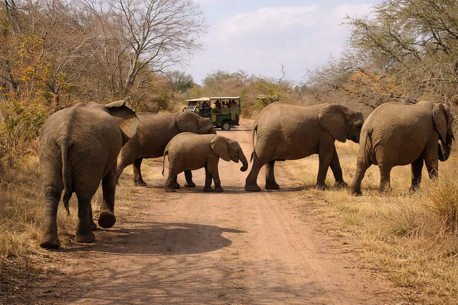 Safari en vehículo 4x4 en el Kruger National Park con elefantes cruzando la pista, itinerarios de safari desde el Aeropuerto KMIA