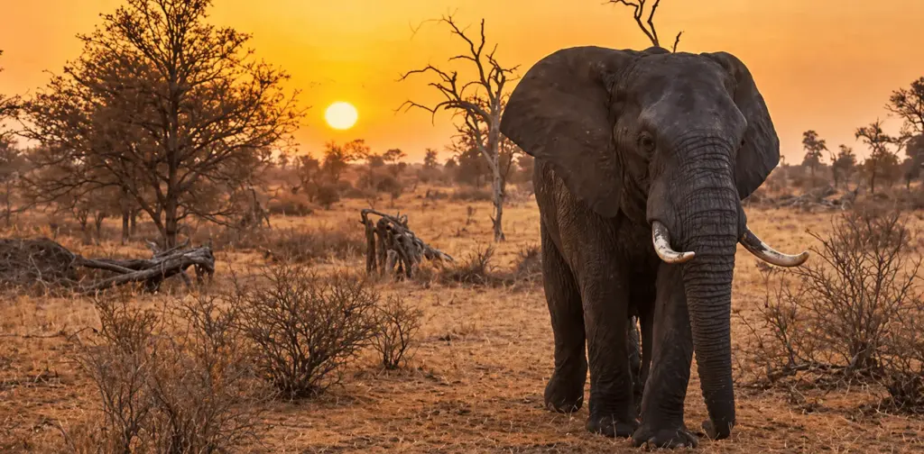 Elefante en el Kruger National Park al atardecer durante un safari desde KMIA