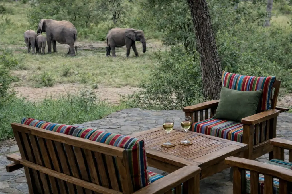 Vista desde un lodge en el Kruger National Park con elefantes durante un safari desde Nelspruit KMIA